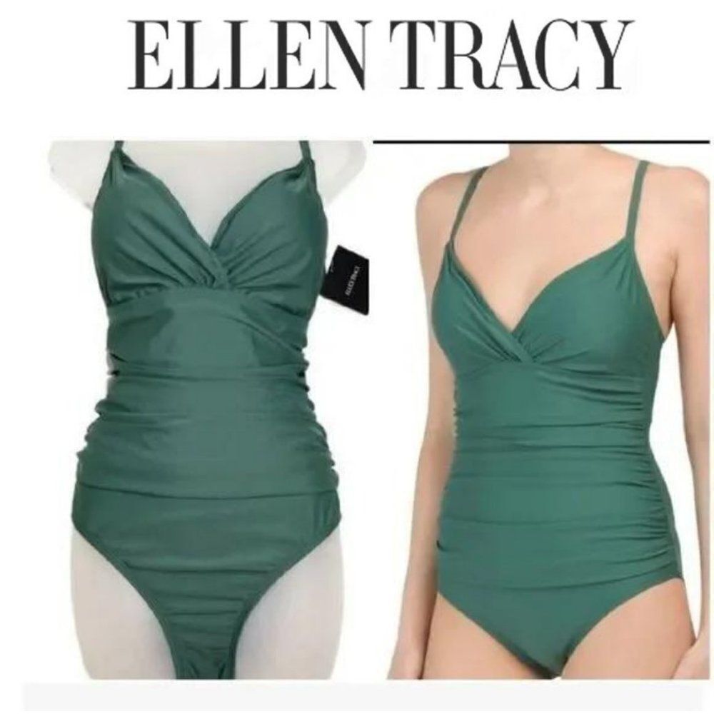 Ellen Tracy SZ 14 Dark Sage Keyhole High-Neck Swim
